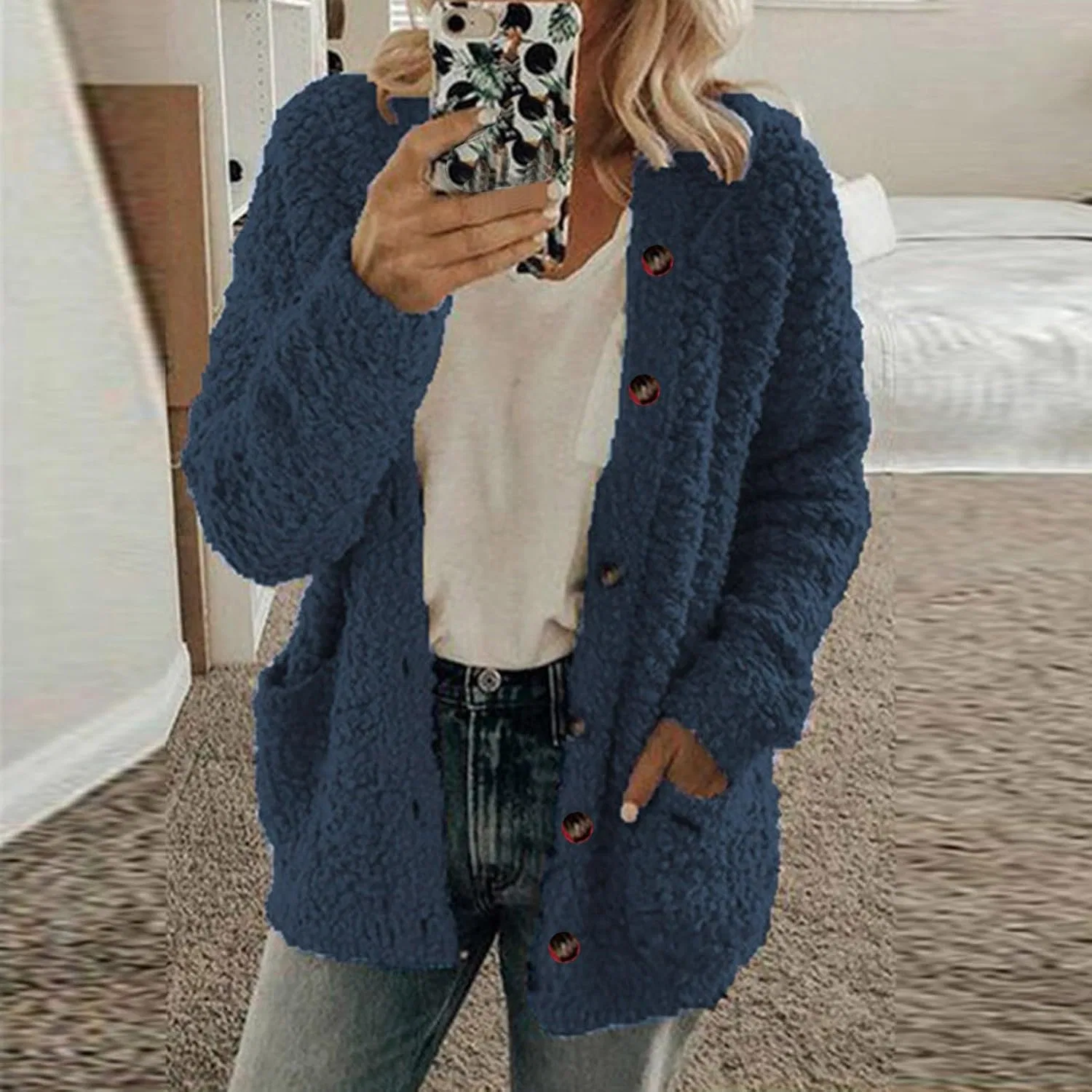 Женское пальто-кардиган на пуговицах с открытым передом, Warm Faux Fur Coats, Casual Sweater Outwear, тёмно-синий — фото 2