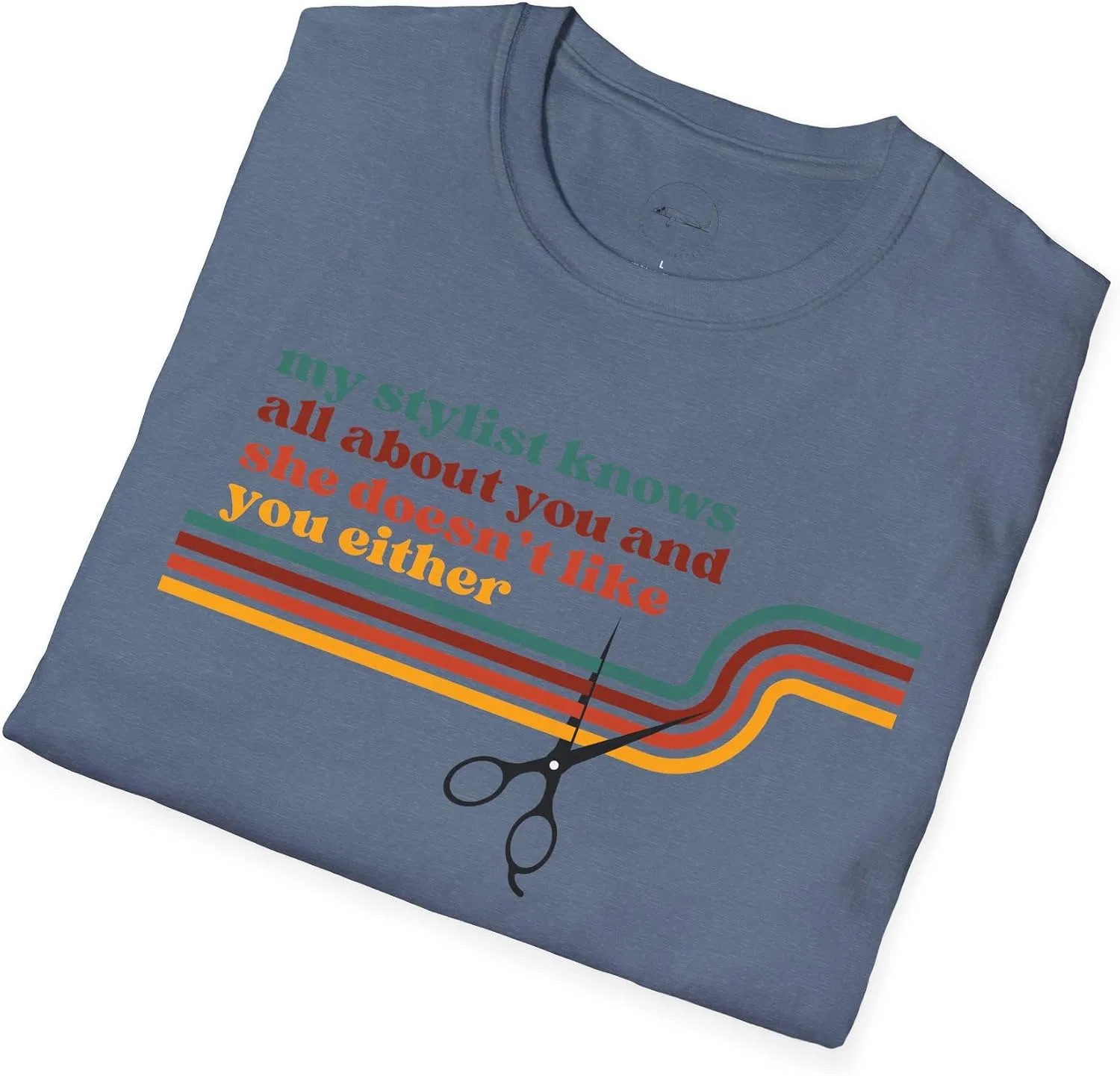 Женская футболка с принтом My Stylist Knows All About You and She Doesn’t Like You Either, индиго меланж — фото 4