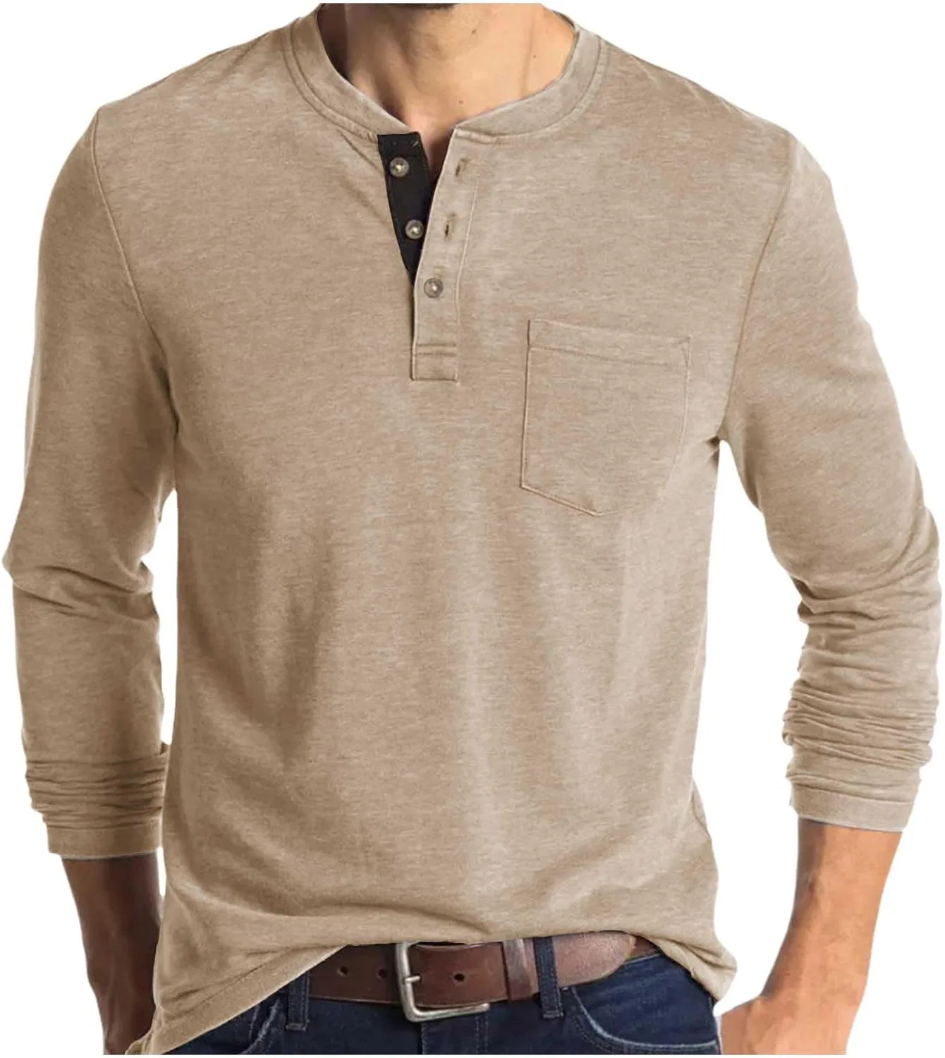 Мужская облегающая футболка поло Henley с карманом, Beige