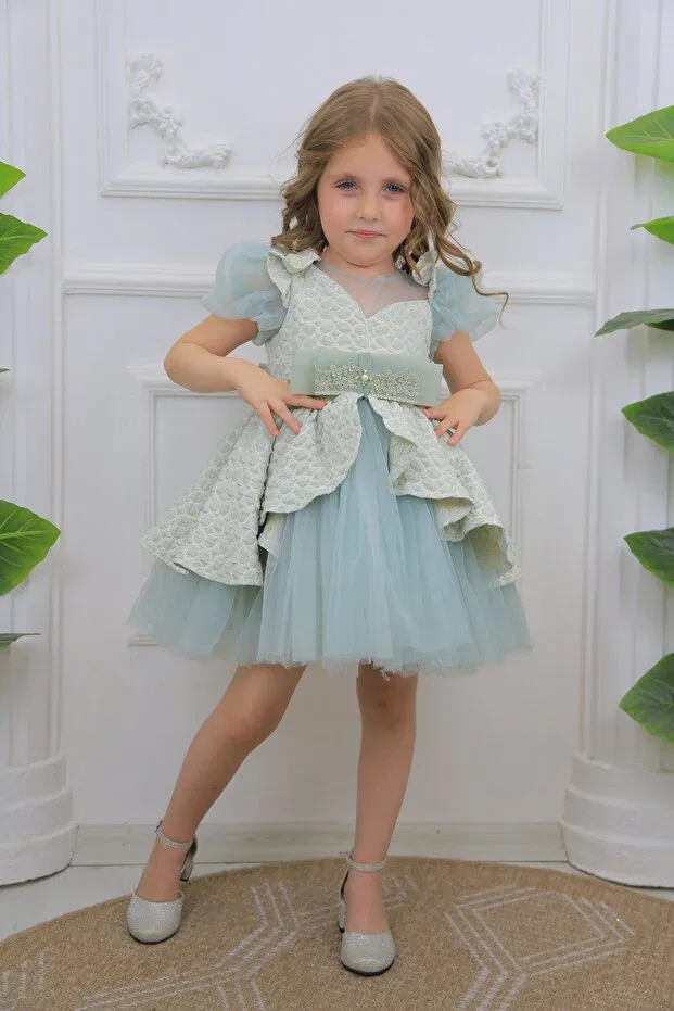 Детское платье для девочек с коротким рукавом Balon Kol Mini Two Layer Look Tulle Girls' Evening Dress Miss Rain, Green