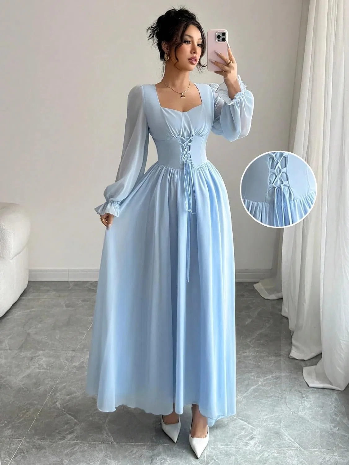 Женское элегантное платье А-силуэта с длинным рукавом, Blue — фото 4