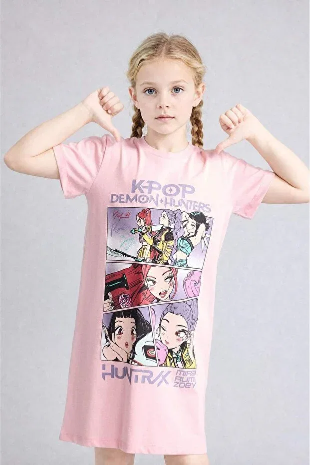 Детское платье для девочек с принтом Kpop - demon hunters short sleeve dress Defacto, Pink-Pn636 — фото 4