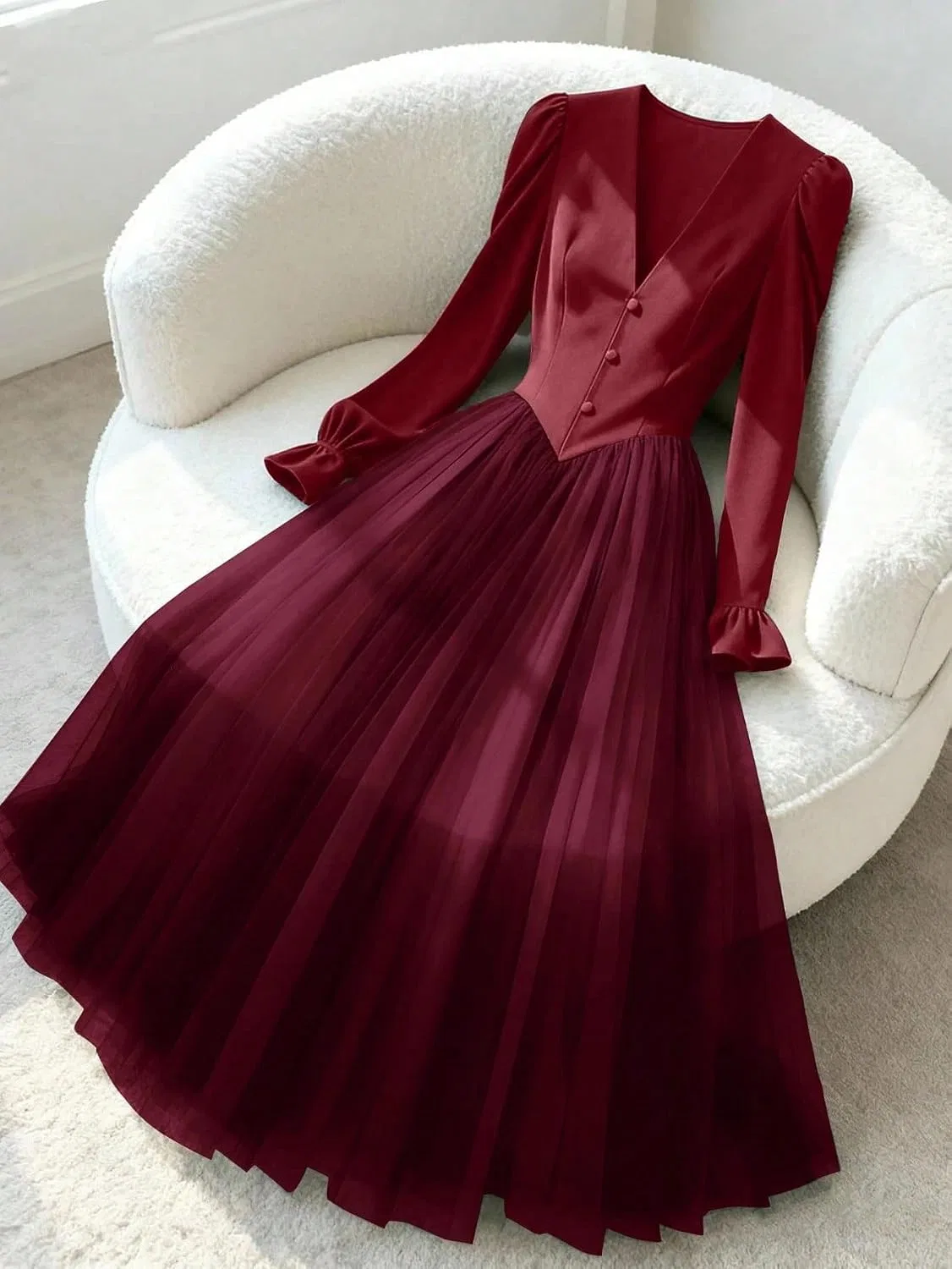 Женское платье миди A-силуэта с воротником V, Burgundy — фото 2