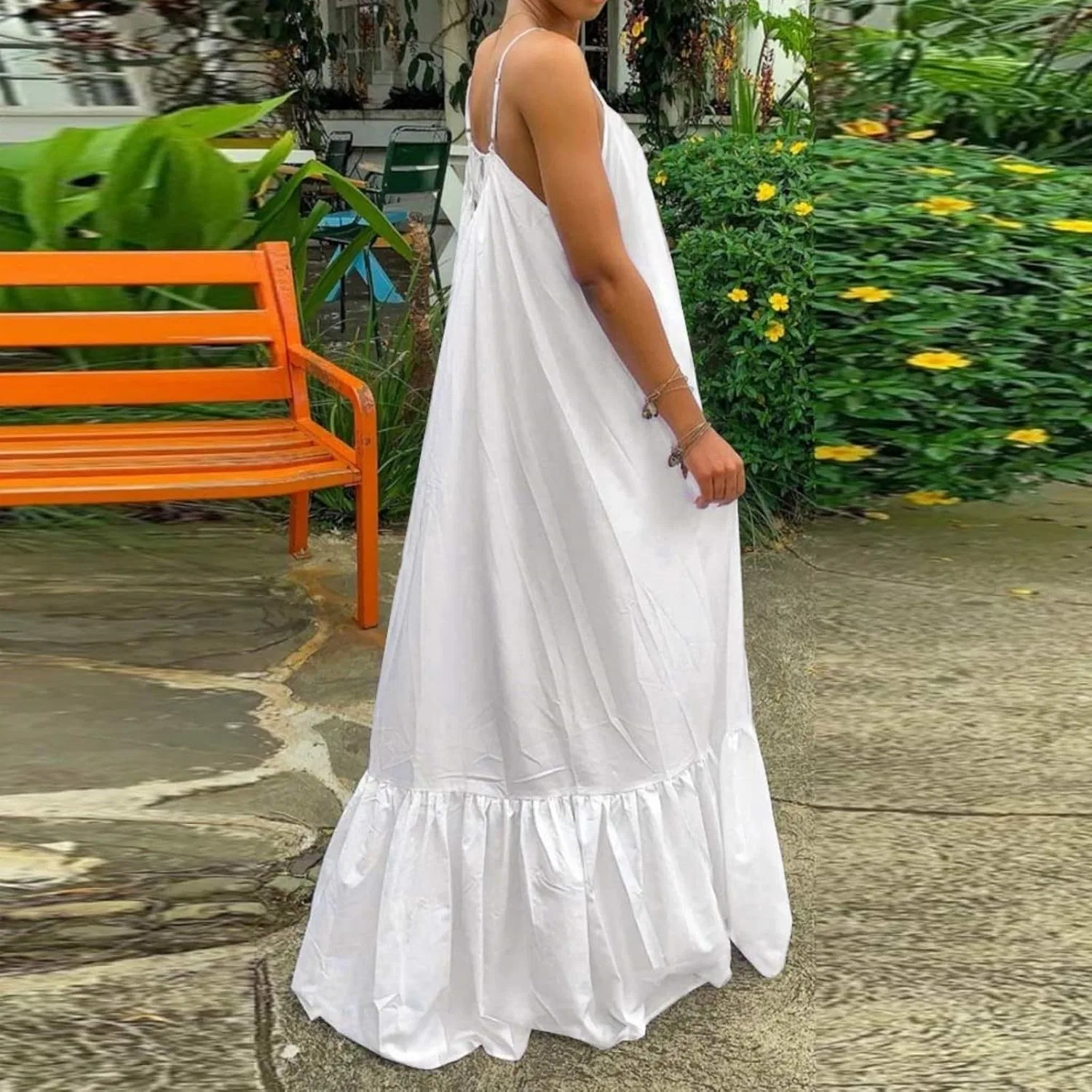 Женское платье-трапеция с рюшами, рушевая кайма, Oversized Loose Long Maxi Swing, белый — фото 3