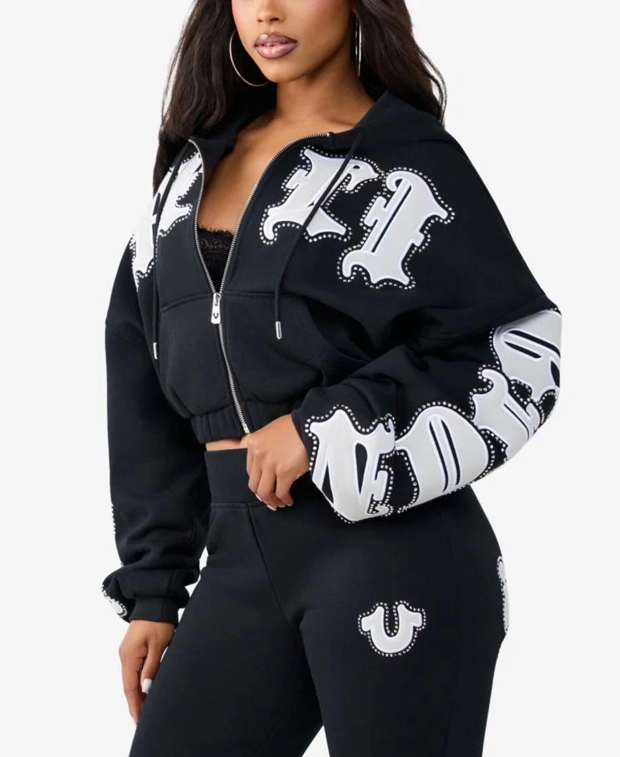 Худи женское с кристаллами и патчами, свободный крой True Religion, Jet Black — фото 3