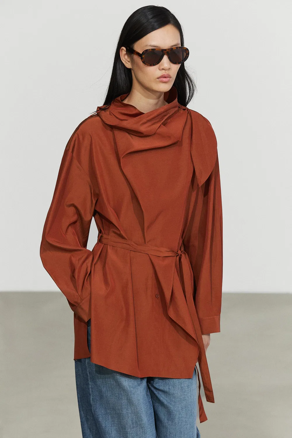 Блуза Massimo Dutti Flowing With Tie Detail, медный