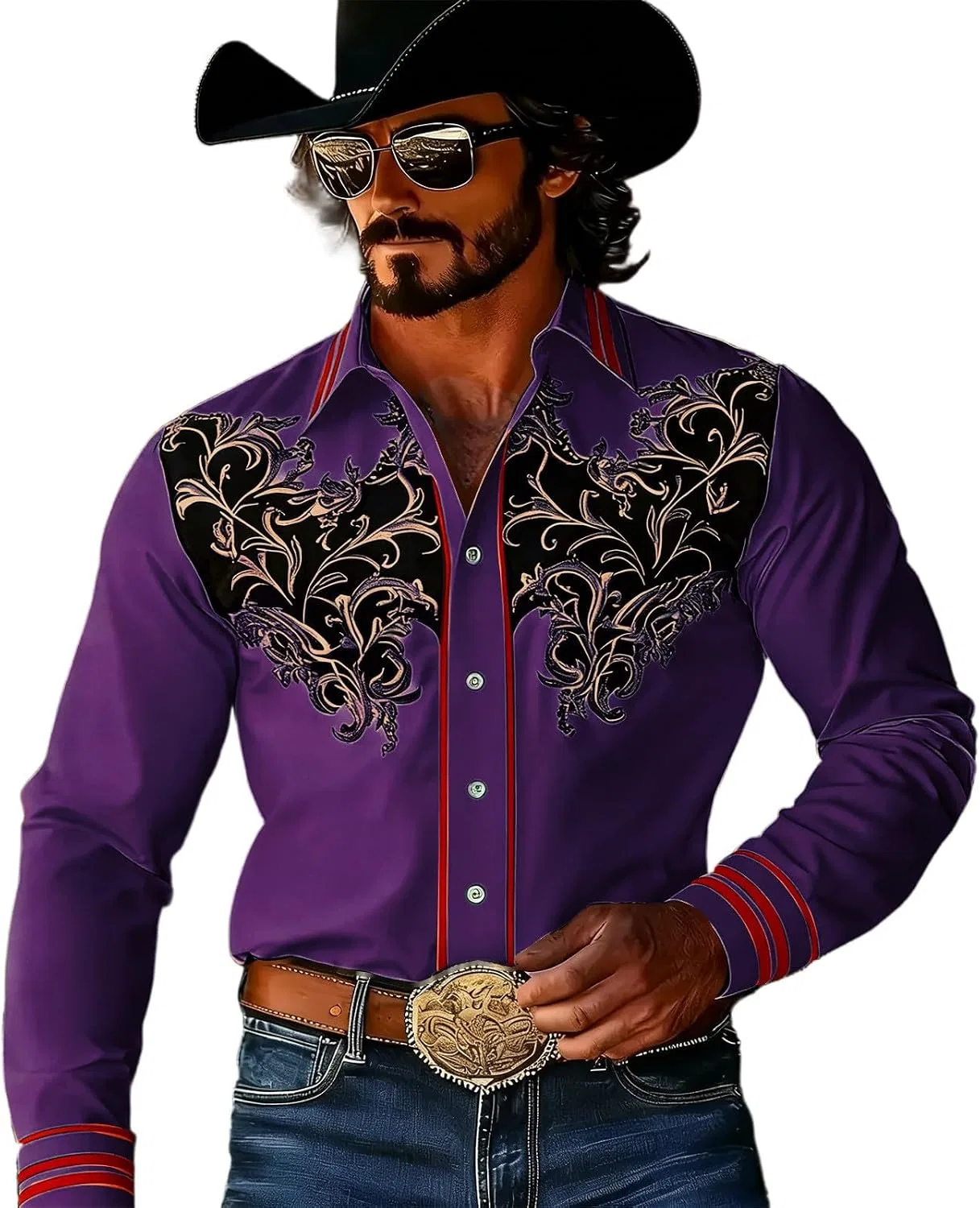 Мужская рубашка-ковбой с длинным рукавом, с принтом, Cowboy, тёмно-фиолетовый