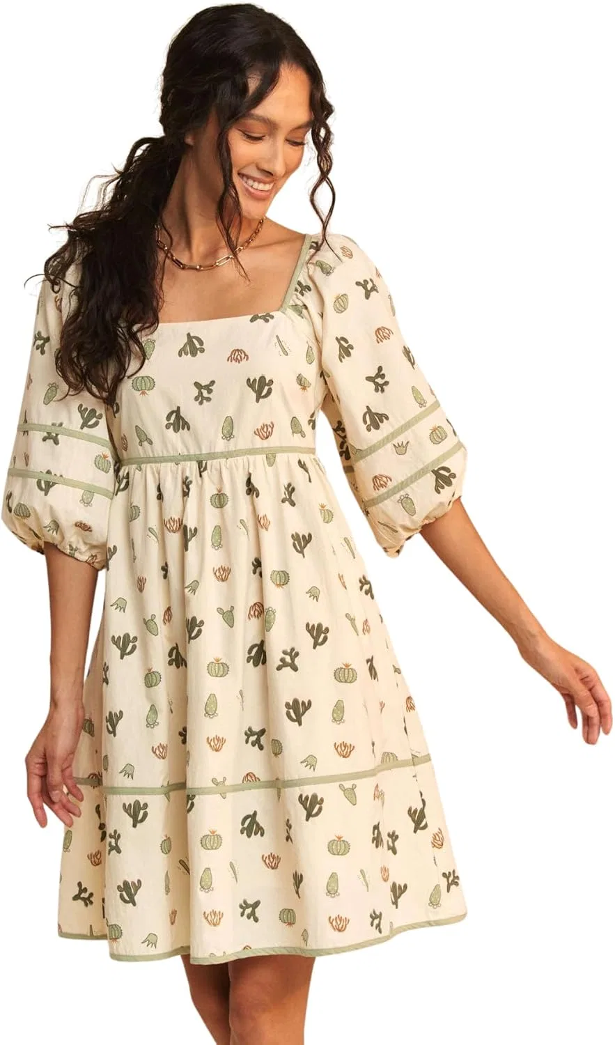 Женское мини-платье с принтом кактусов и тыкв Poplin, Cream/Green