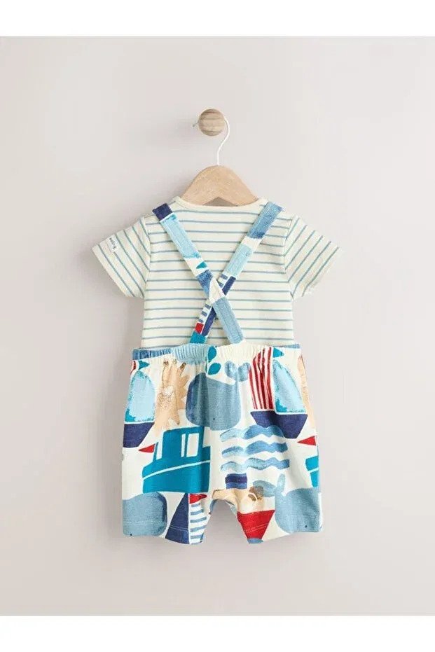 Детский комбинезон-боди с принтом 100% Cotton Blue Sea Salopet Bodysuit Set Next Baby, Multicolor — фото 2