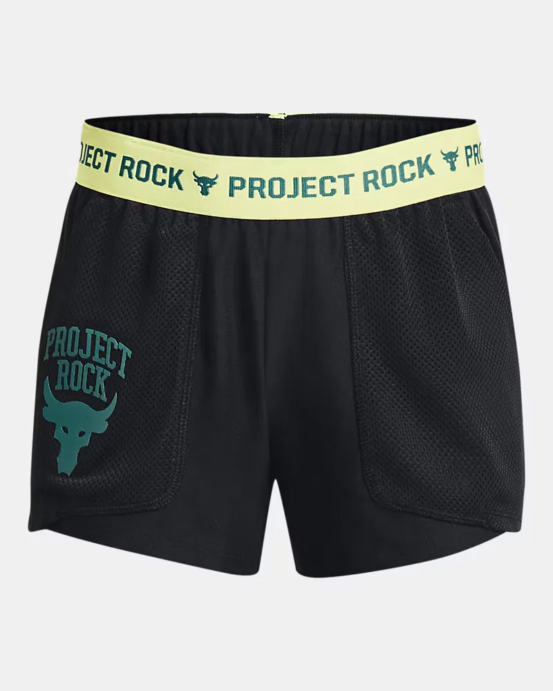 Шорты детские 7,6 см влагоотводящие из переработанного полиэстера Project Rock Play Up UnderArmour, Black/Fade Green/Summit White