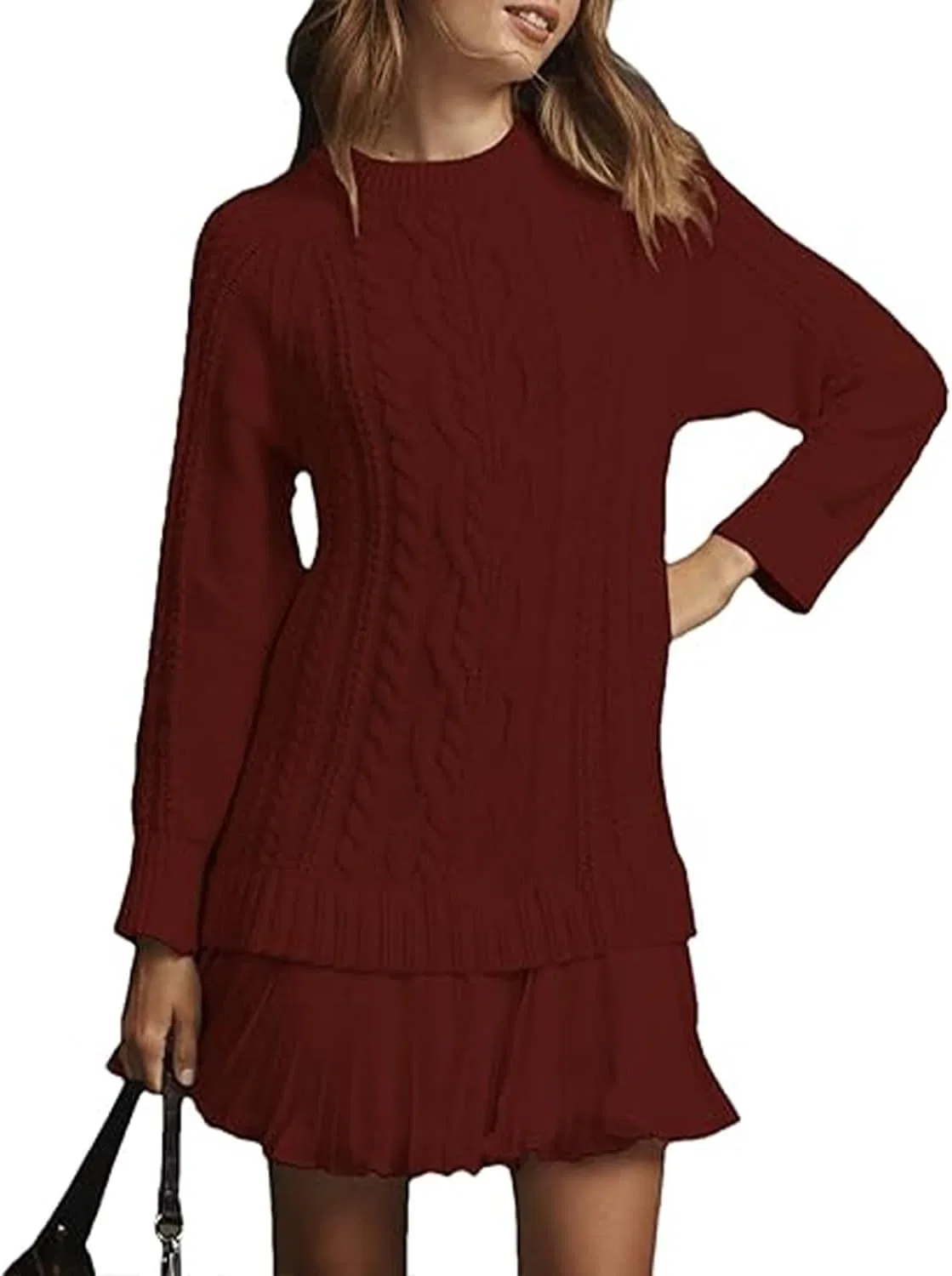 Женское платье свитер с кабельной вязкой Twofer Style, Wine Red