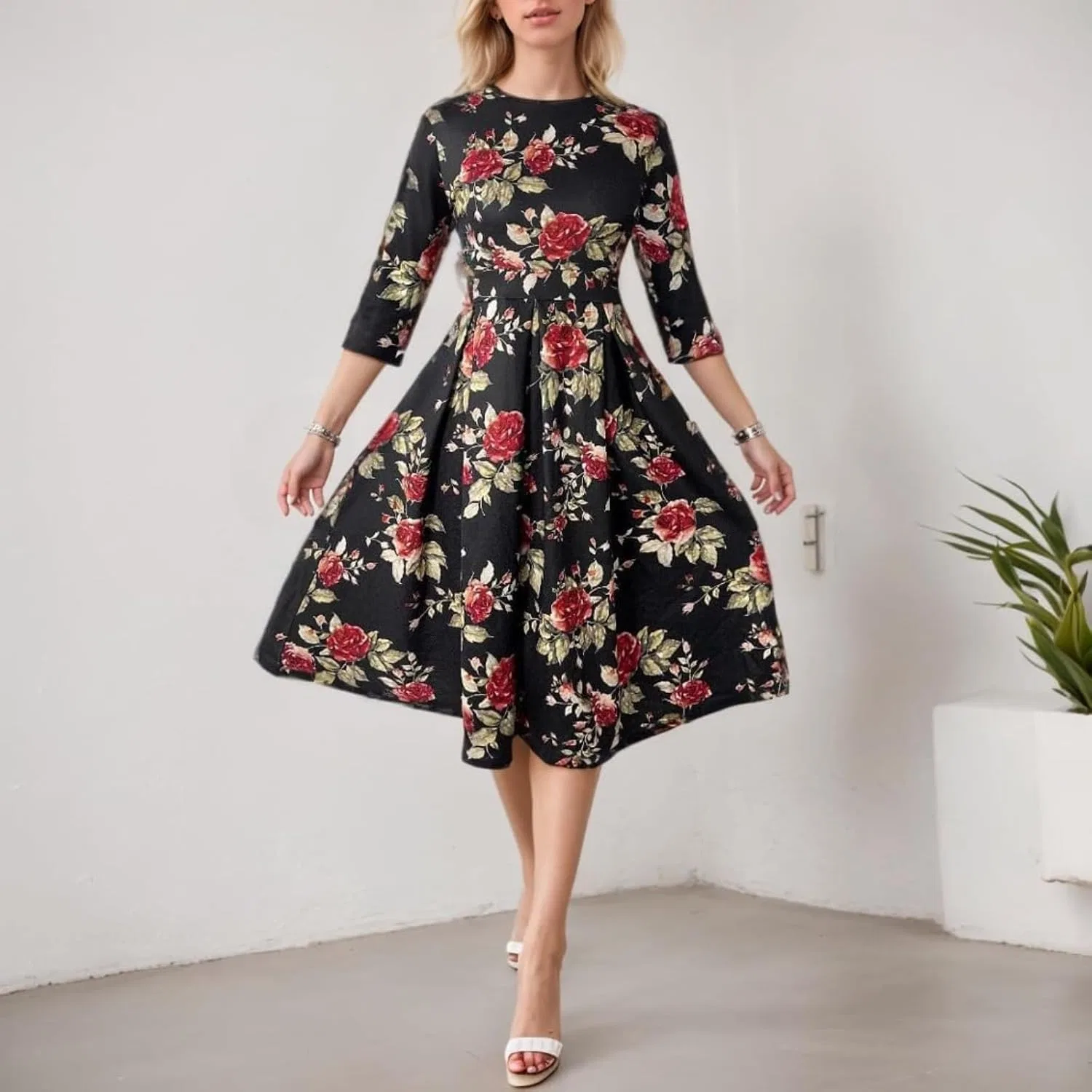 Женское платье миди с цветочным принтом Slim Fit, Red — фото 2