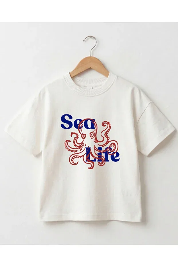 Детская футболка оверсайз с принтом Sea-Themed octopus Babytex, Ecru
