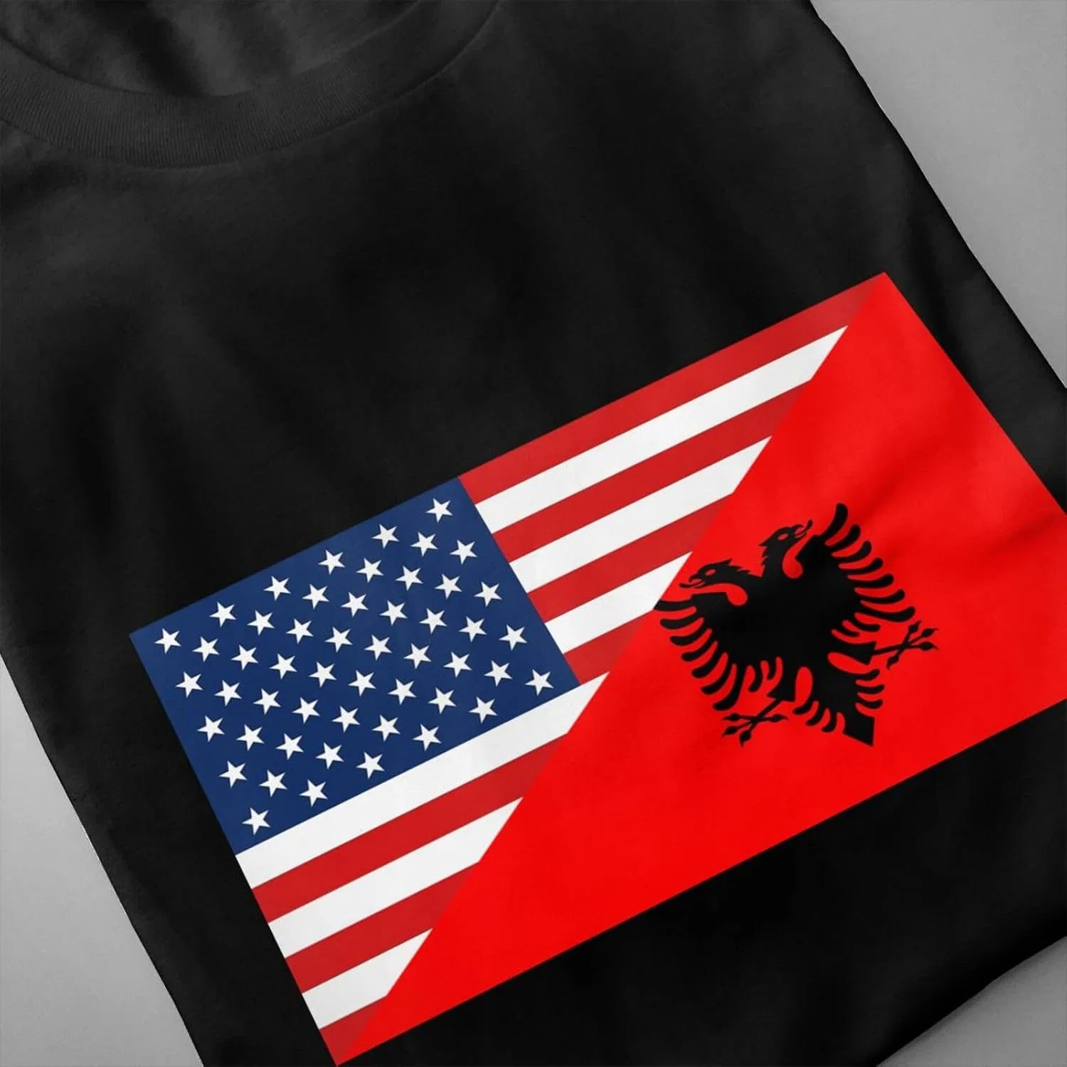 Мужская хлопковая футболка с принтом America Flag and Albania Flag, Black — фото 4