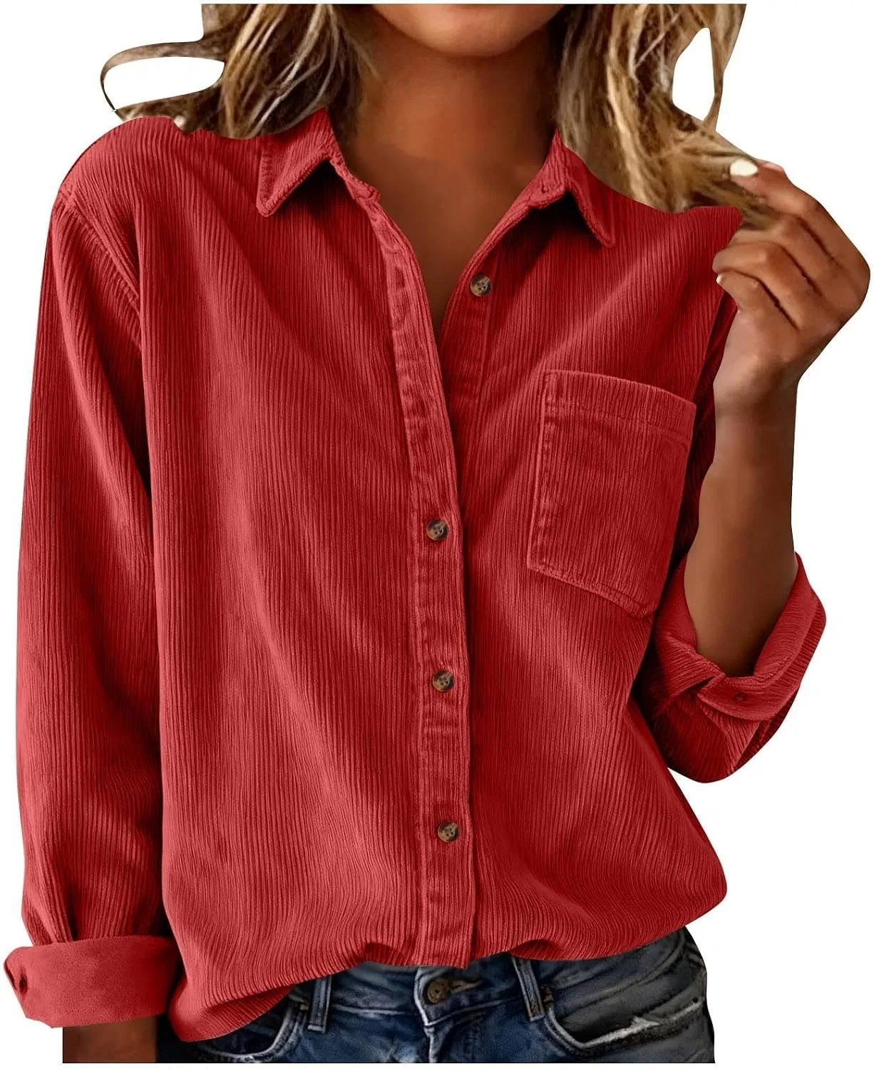 Женское пальто-рубашка из вельвета с длинным рукавом, оверсайз, красный