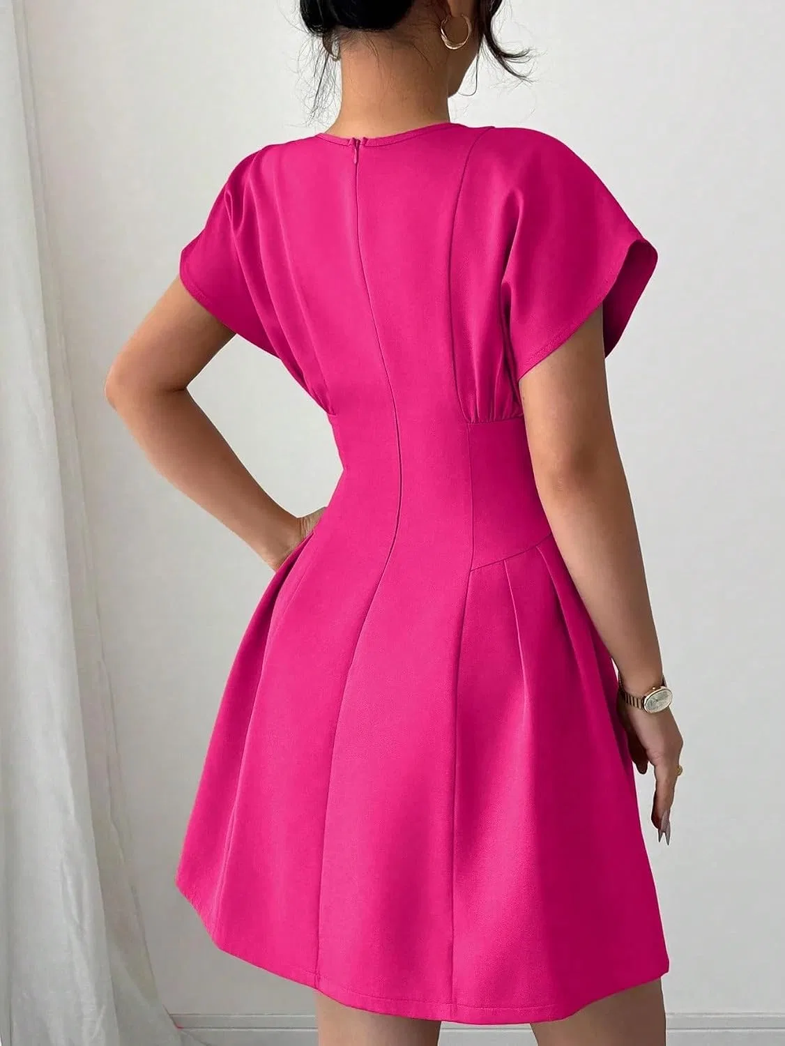 Женское A-силуэта мини-платье с коротким рукавом, Hot Pink — фото 4