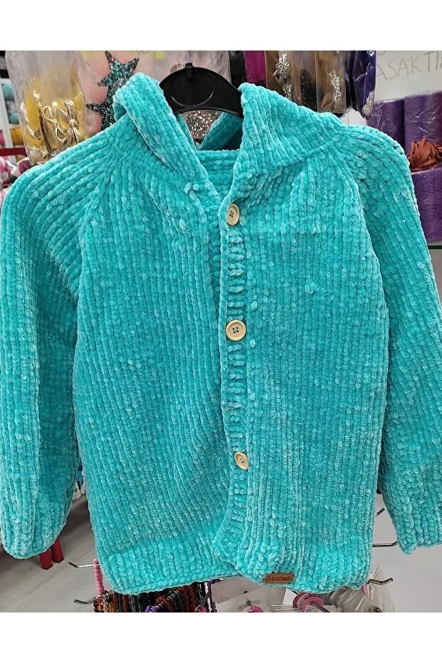 Детский кардиган с капюшоном из вельвета Kevser Nur Tuhafiye, Turquoise — фото 2