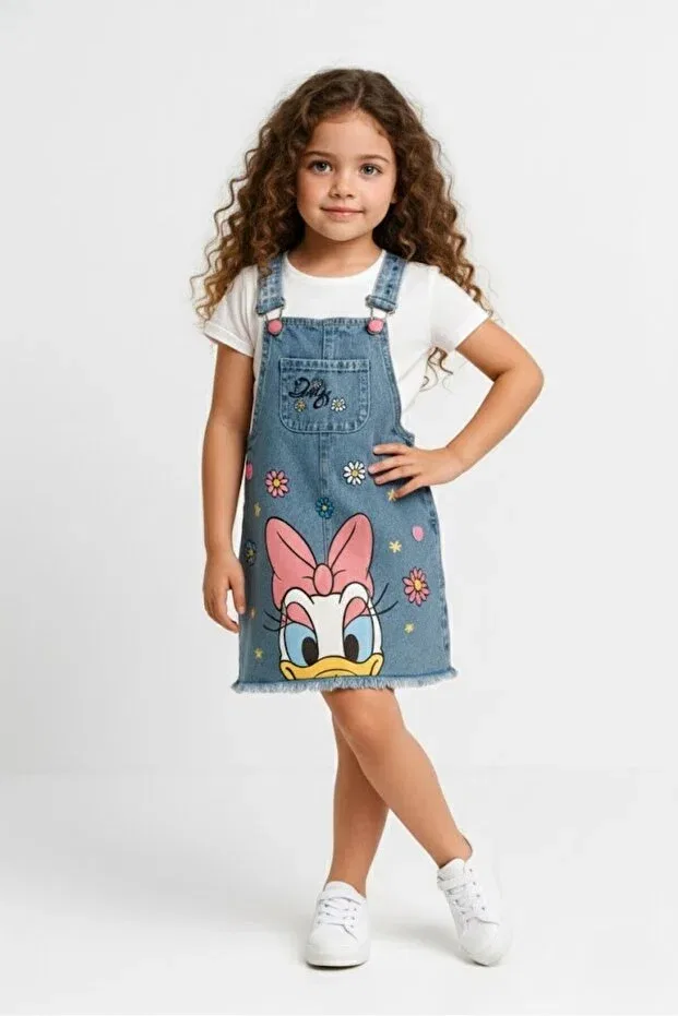Детское платье-сарафан джинсовое с принтом Girls' denim dungaree dress cute duck design denim model, Furyatex, Blue — фото 2