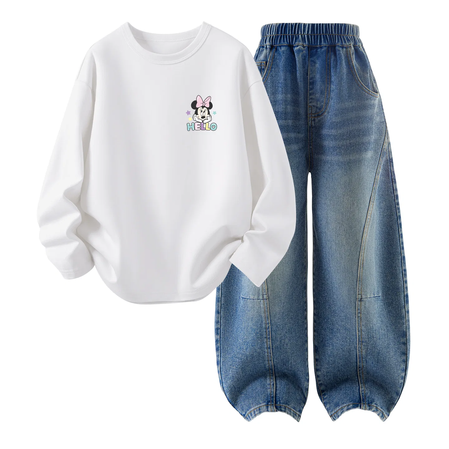 Детский комплект спортивной одежды с круглым вырезом Дышащий Disney, Daisy K White+Solid Color Denim Blue