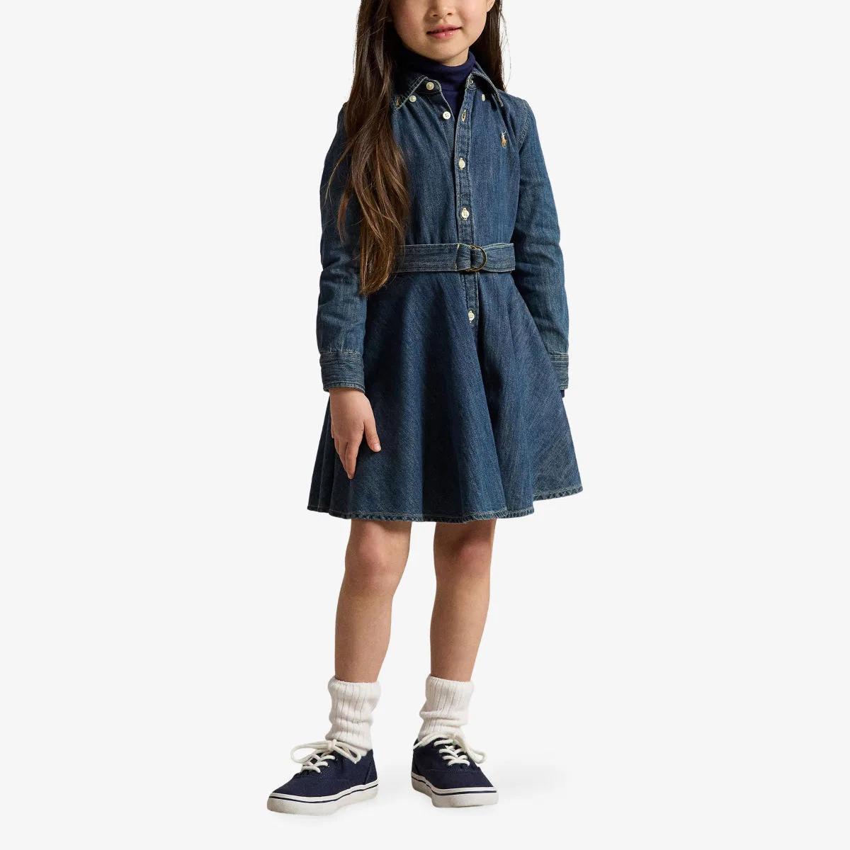 Платье-рубашка из джинсовой ткани с поясом и пони для девочек Polo Ralph Lauren, синий — фото 2