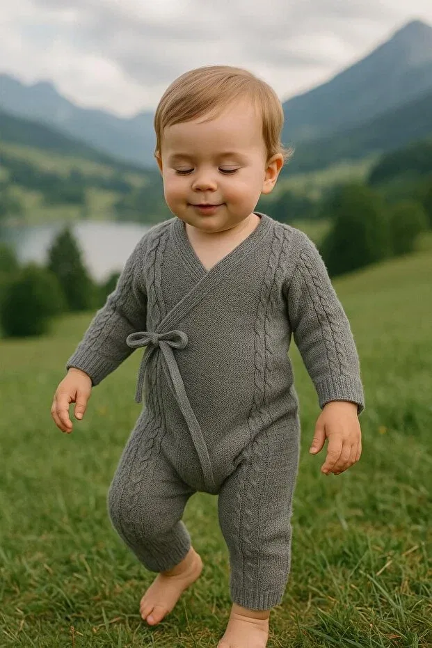 Детское боди-комбинезон с косами вязки Seamless kimono knitwear baby romper with hair braid detail Meriç Bebe - Bütün Çocuklar Melektir. Mrc, Gray — фото 4