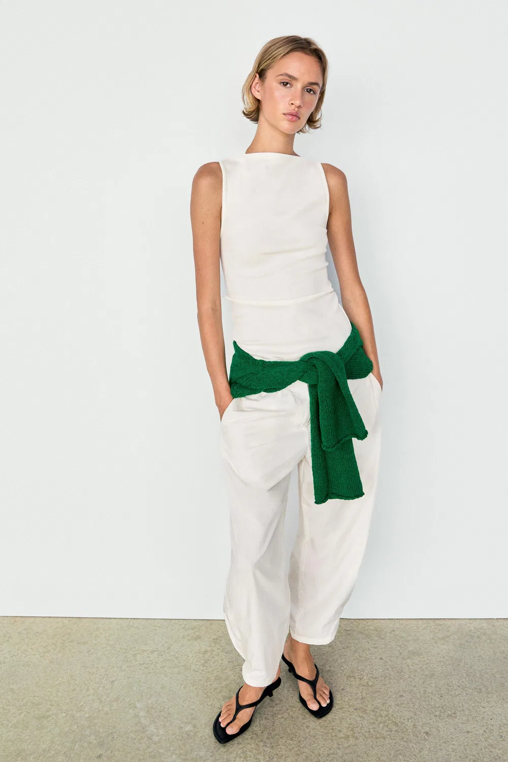 Майка Massimo Dutti 100% Cotton Straight Neckline, кремовый — фото 4