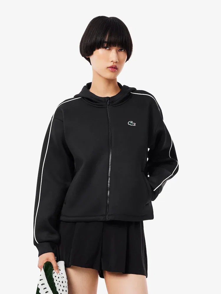 Худи LACOSTE женская тренировочная с пайпингом, спортивная, черная