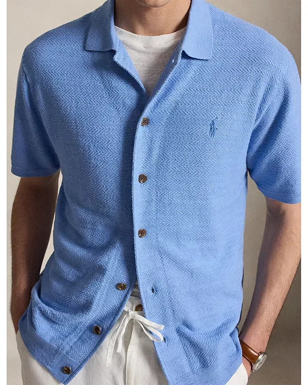 Мужской джемпер-кардиган с коротким рукавом из хлопка и льна Cotton-Linen short-sleeve cardigan Polo Ralph Lauren, Bristol Blue — фото 4