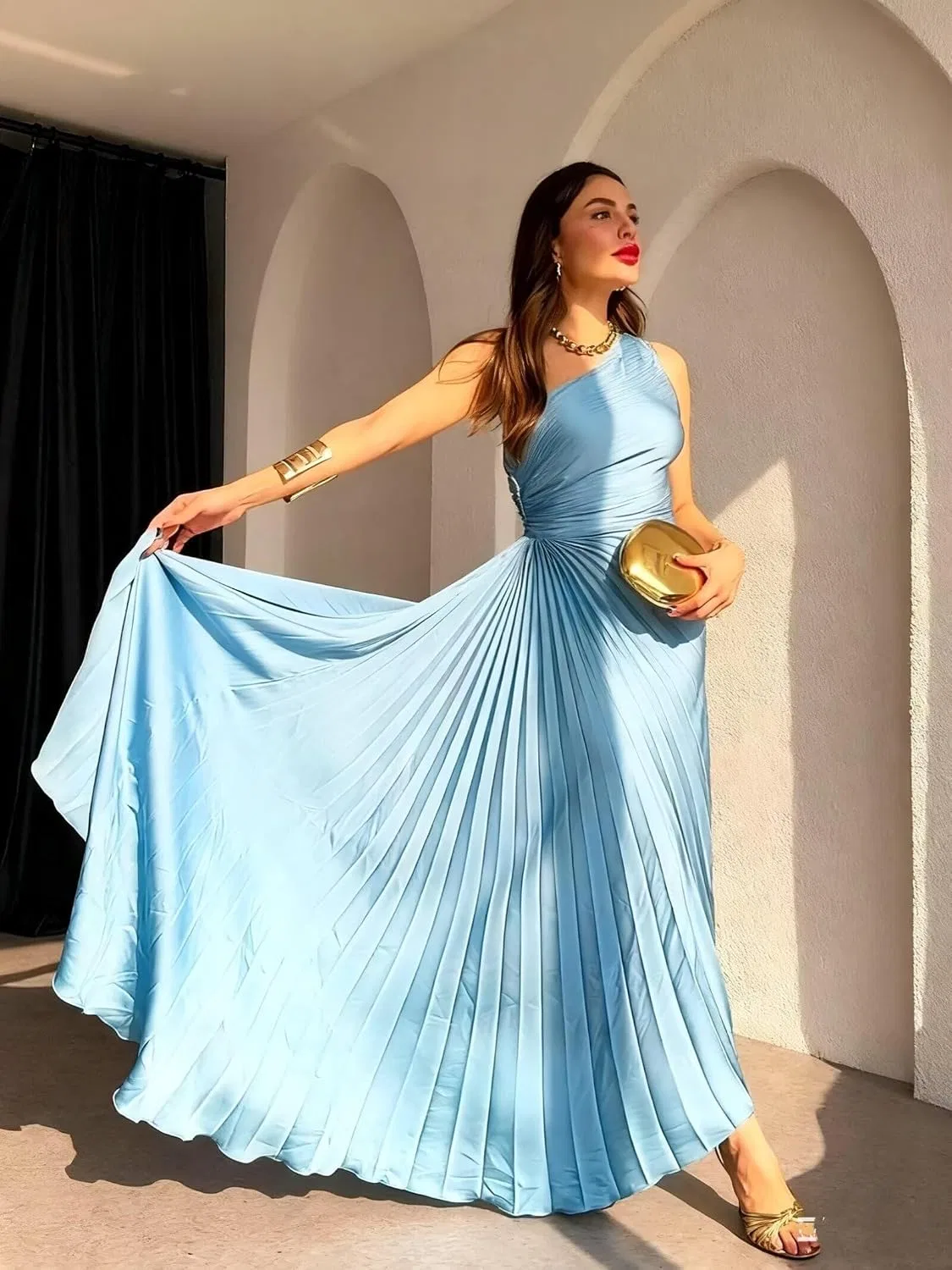 Женское вечернее платье с одним плечом сатиновое LA122, Aqua Blue — фото 3