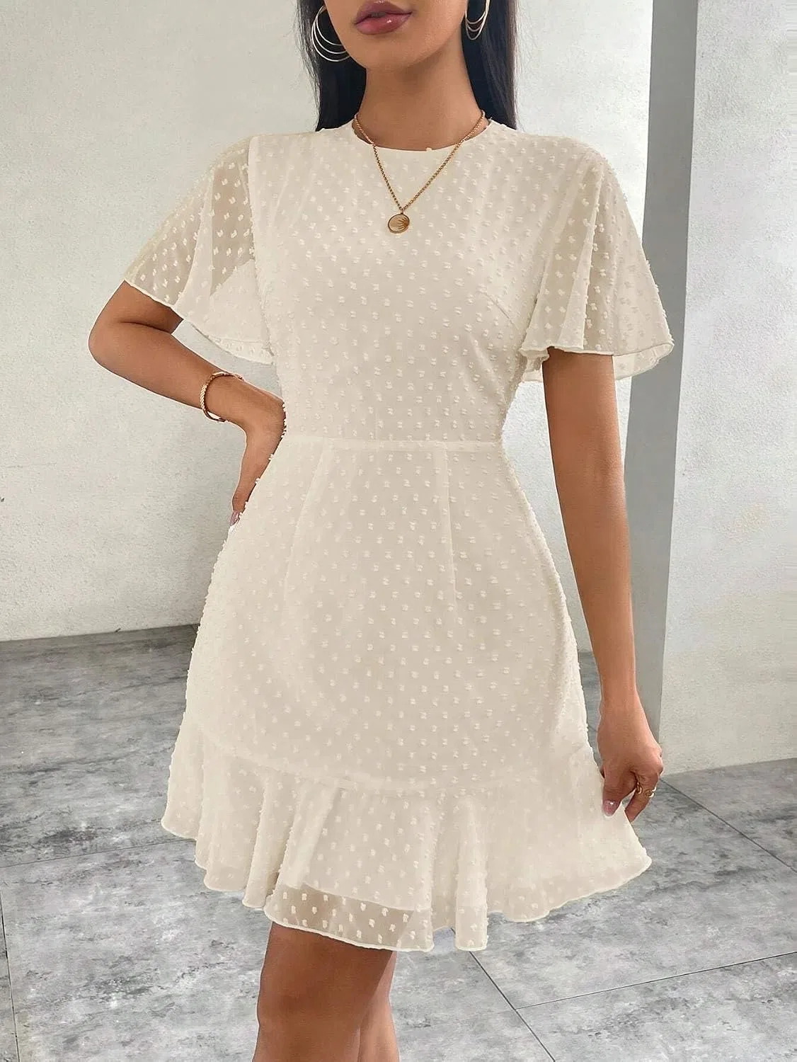 Женское повседневное платье с воланами Elegant Polka Dot Chiffon, Apricot — фото 4