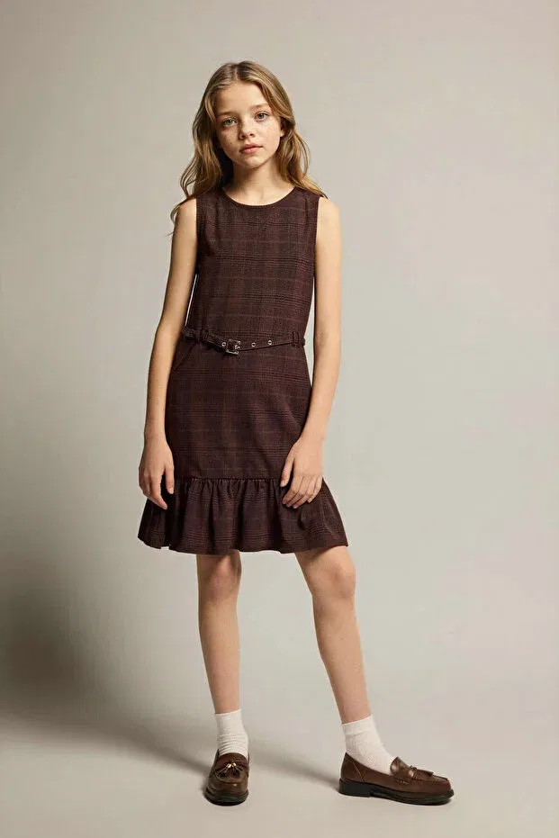 Детское платье для девочек с принтом Checked Pack Of Belt Brown Girls' Dresses G6894A8/BN130 Defacto, Coffee-Bn130