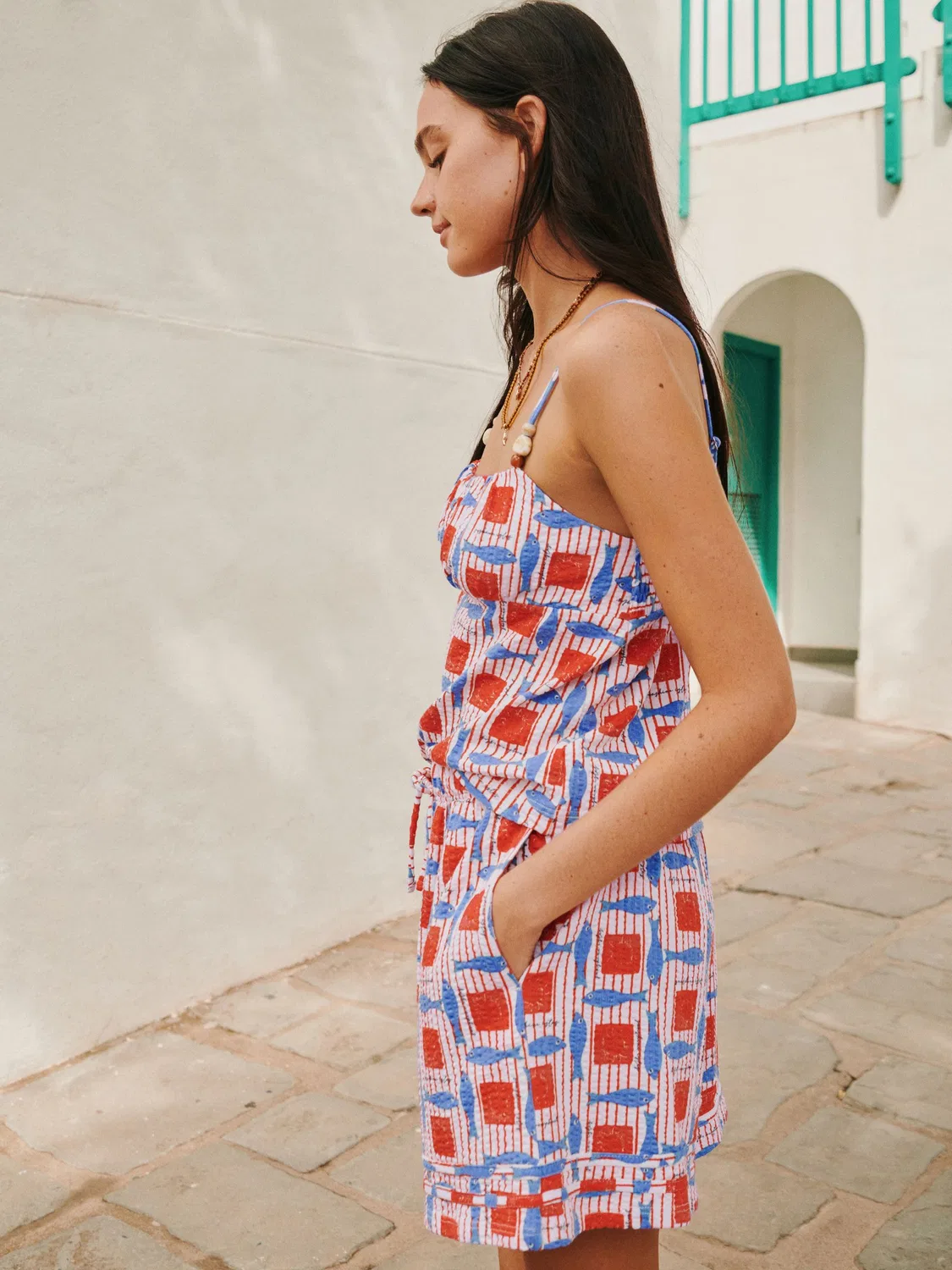 Шорты с принтом рыб и завязками, Red/Blue Fish Print Next, красный/синий — фото 3
