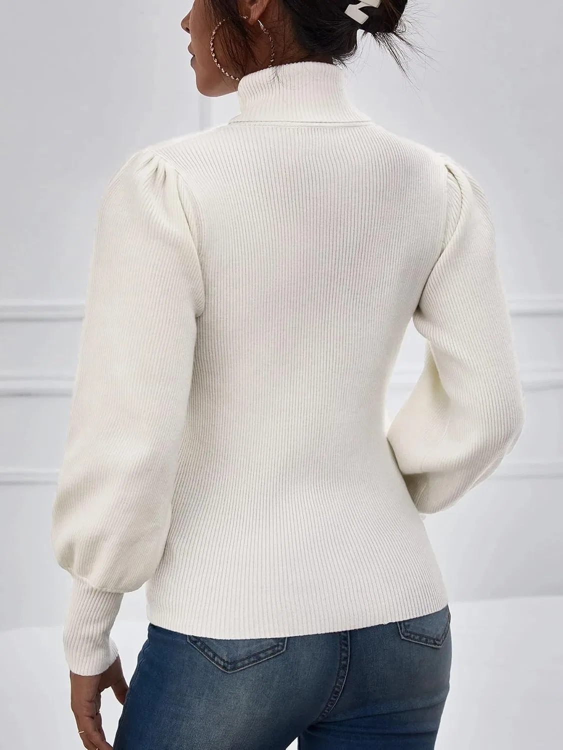 Женский свитер с высоким воротом и длинным рукавом, Rib-Knit, белый — фото 2