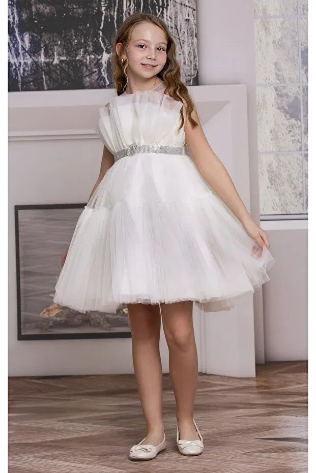 Детское платье из фатина с коротким рукавом Süslü Pink Kids, White