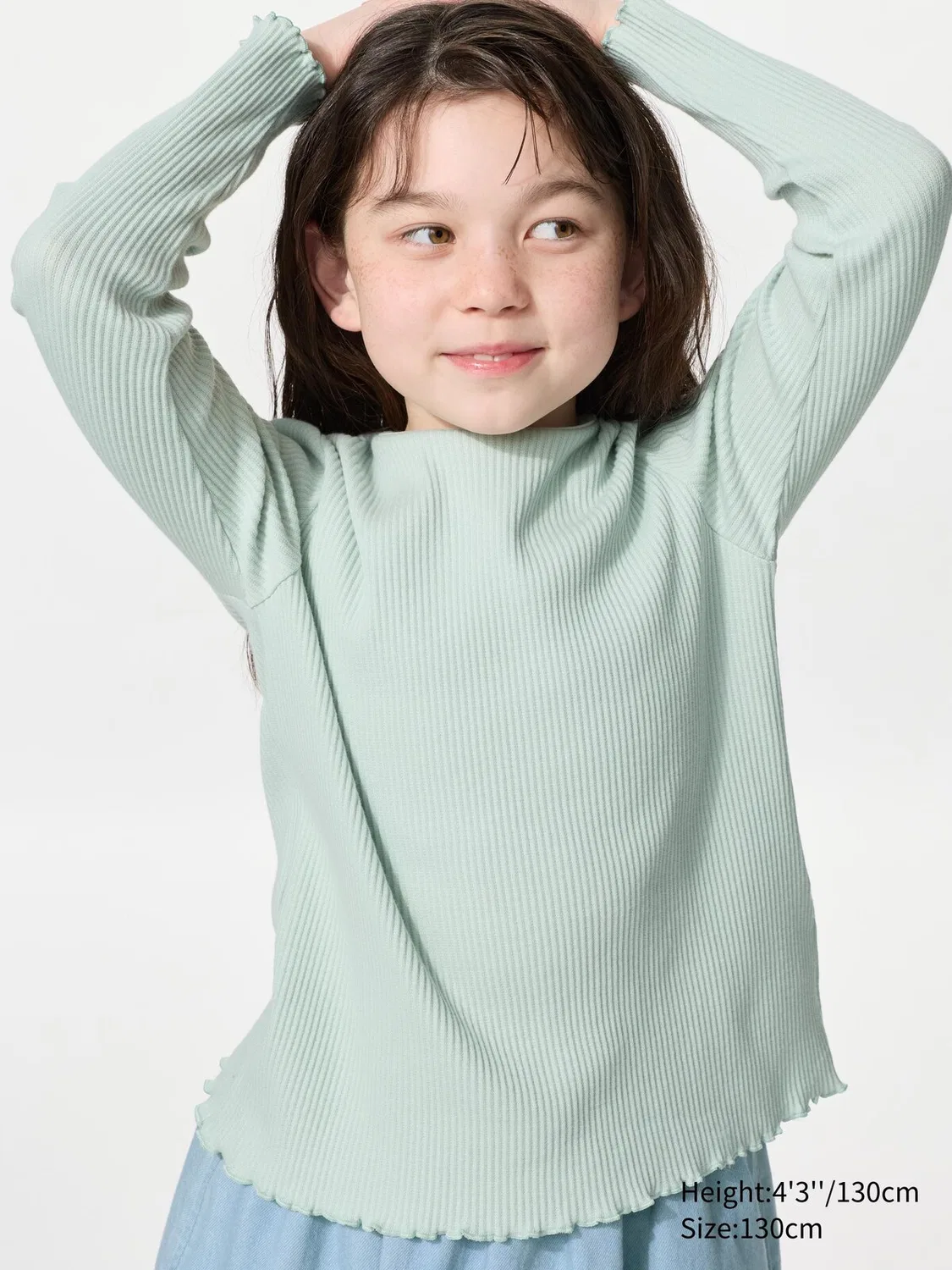 Лонгслив Uniqlo, детский, с круглым вырезом и в рубчик, зеленый