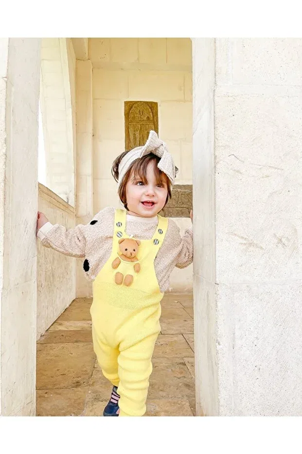 Детский комбинезон для девочек хлопковый Teddy bear buttoned baby kids knitwear salopet Gogo Bici, Yellow — фото 2