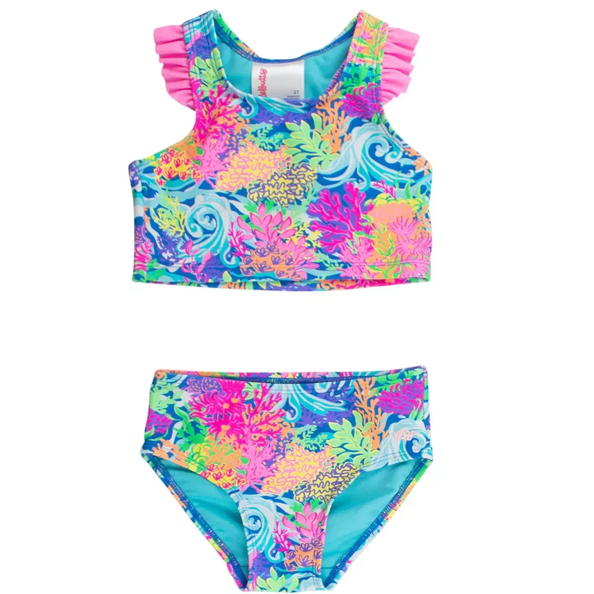 Детский танкини-комплект для девочек с принтом Flutter Tankini RuffleButts, Neon Ocean Coral