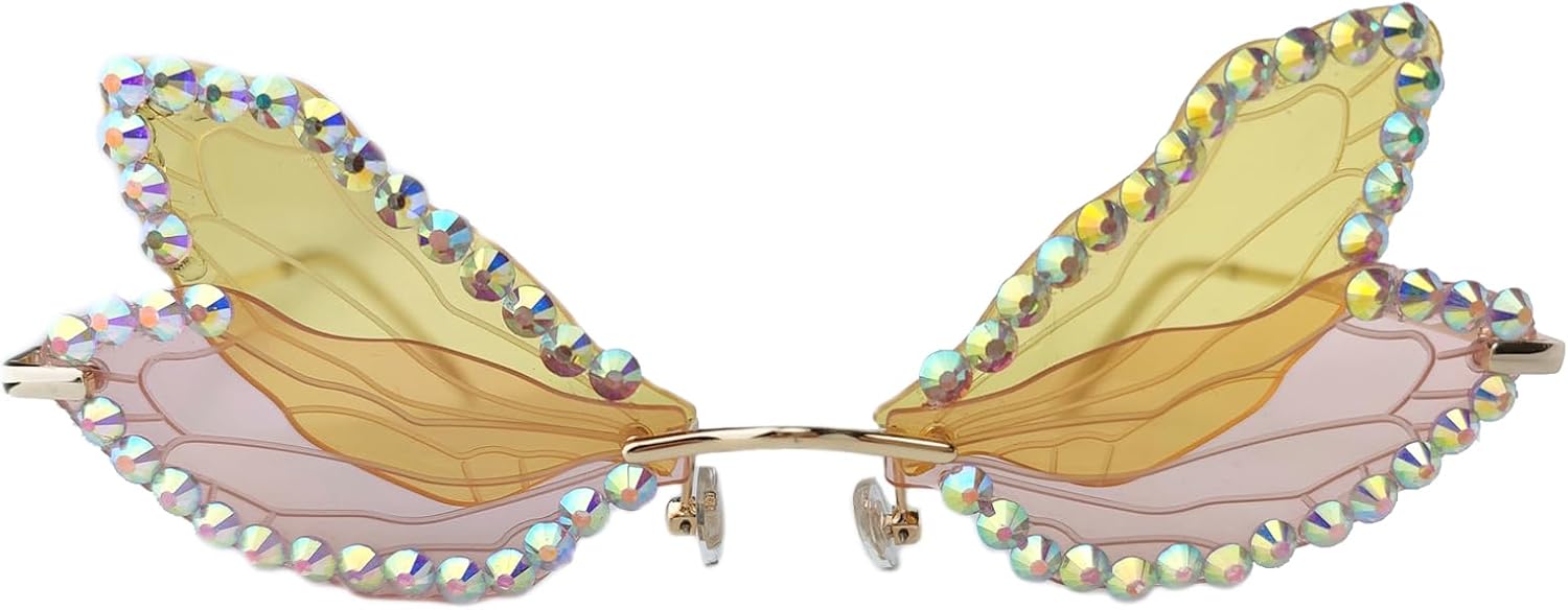 

COTIA Модные солнцезащитные очки без оправы с рисунком «крылья стрекозы» для женщин, украшенные кристаллами, стразами и жемчугом, для вечеринки и Хэллоуина, Pink Yellow2