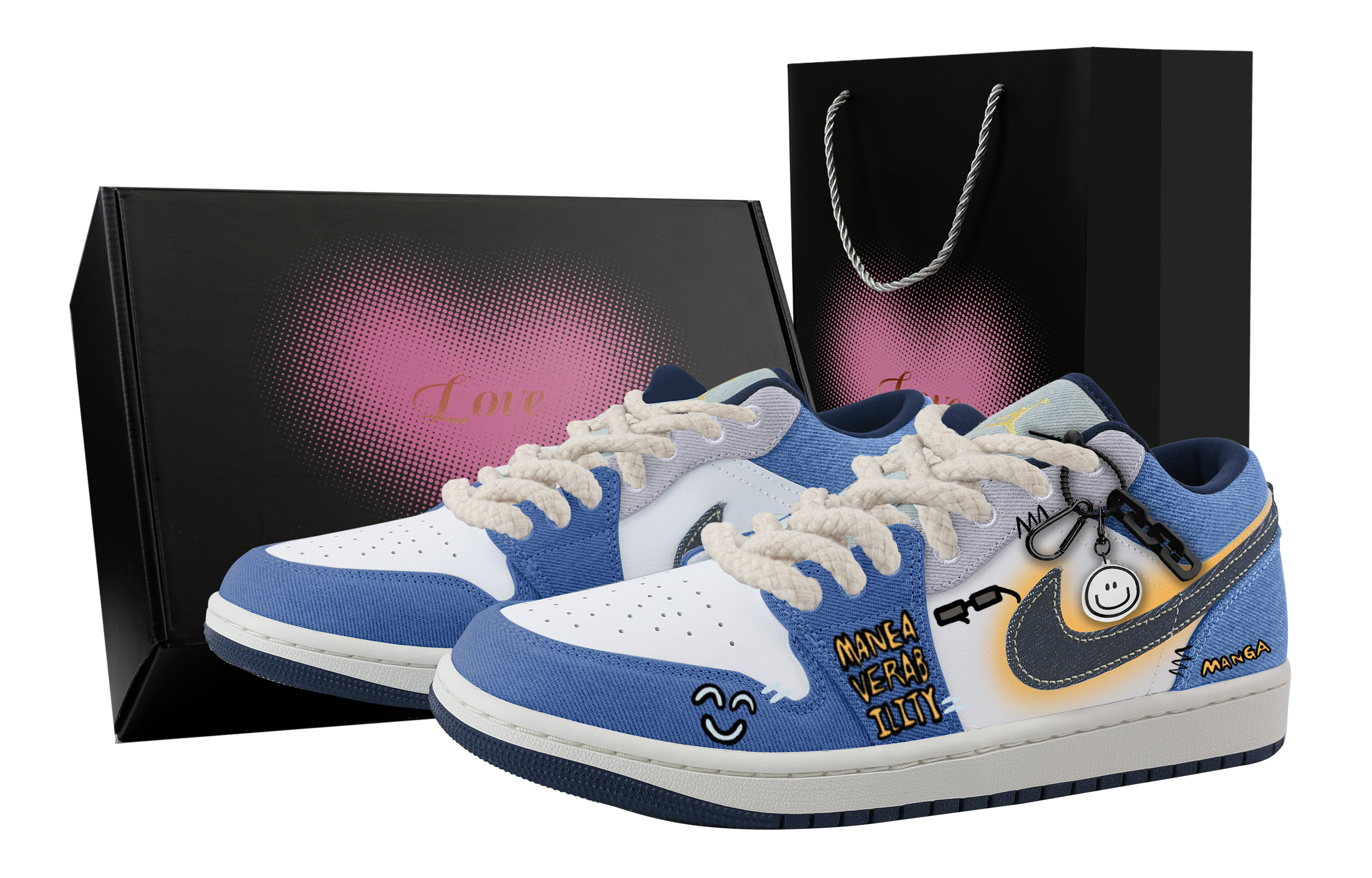 

Jordan Баскетбольные кроссовки Air 1 Toy City, Heart Box, износостойкие, винтажные, низкие, мужские, сине-белые