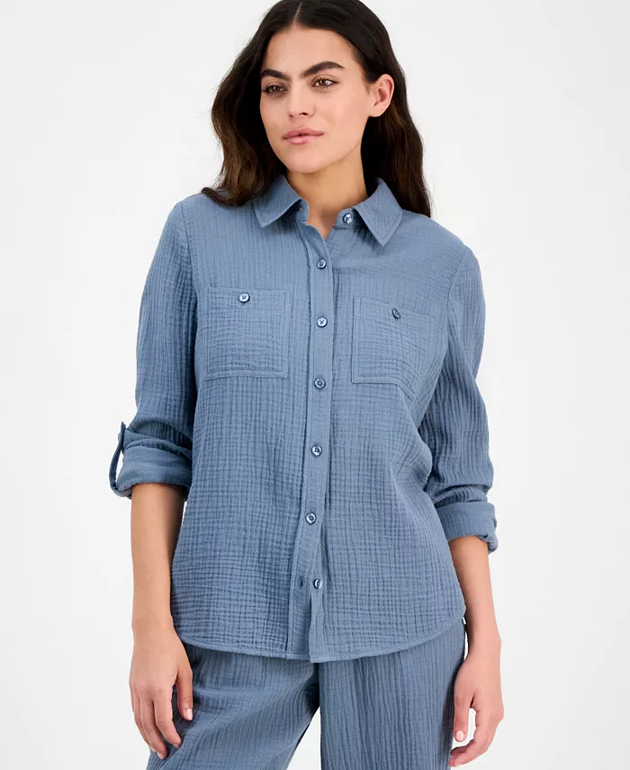 

Укороченная хлопковая рубашка с подкатанными рукавами DKNY Jeans, серый