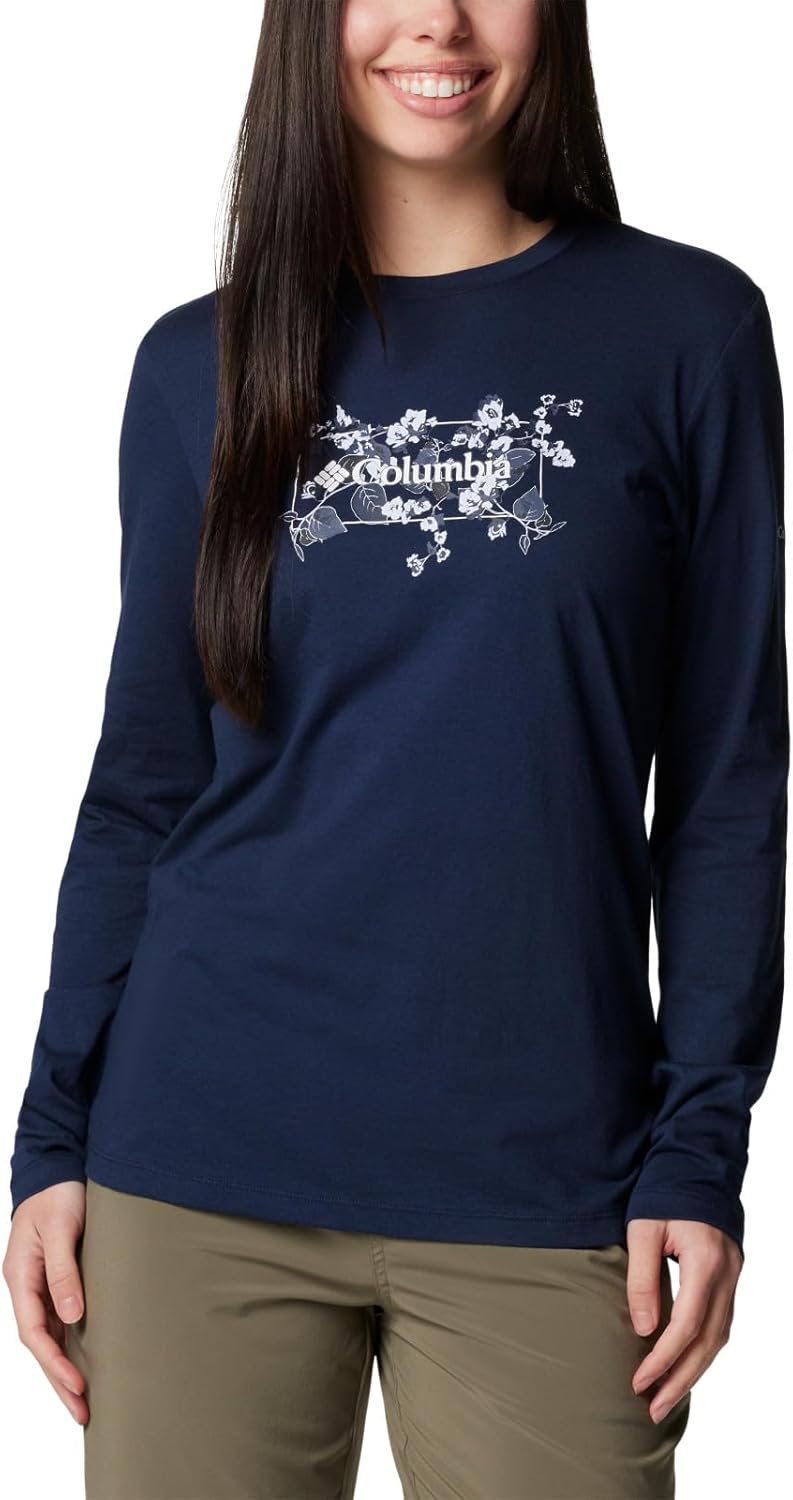 

Columbia Womens Hidden Haven Long Sleeve TeeФутболка с длинным рукавом для походов, Collegiate Navy/Floral Emblem