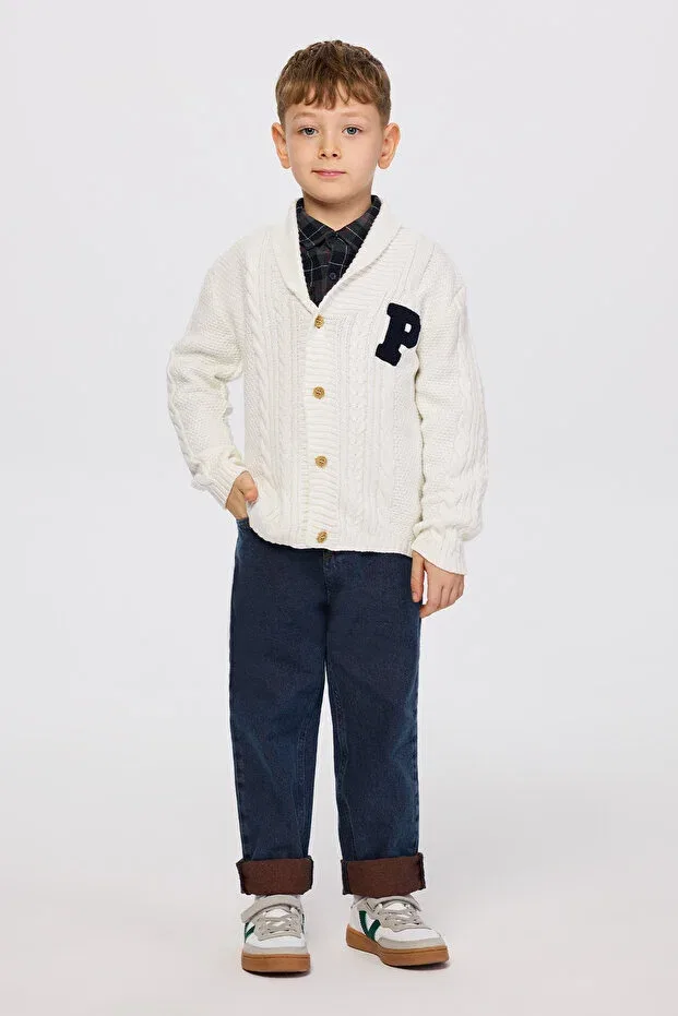 Детский кардиган с пуговицами, с длинным рукавом, однотонный, Boy'S Buttoned Letter Detailed Ecru Cardigan Panço, 018-Ekru
