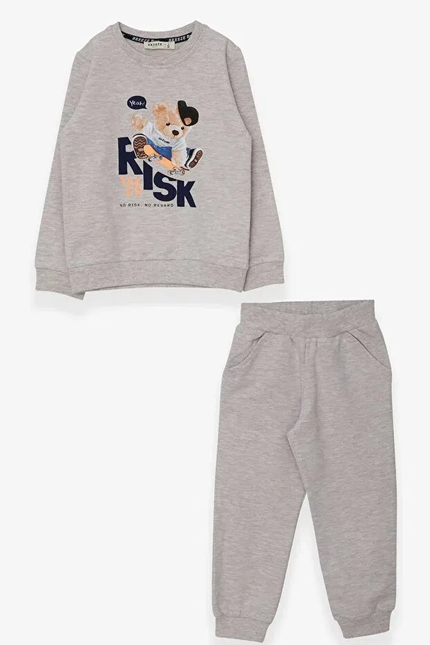 Детский комплект спортивного костюма для мальчиков с принтом Skateboarder Teddy Bear Print, Breeze, Beige Melange