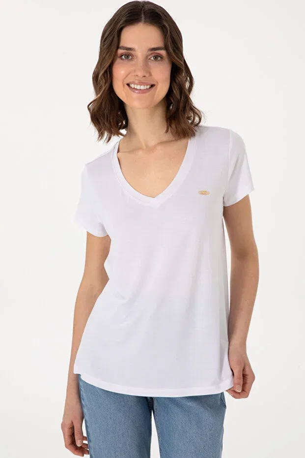 Женская хлопковая футболка с v-образным вырезом U.S. Polo Assn., White — фото 3