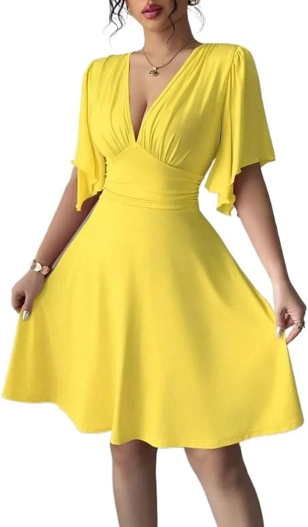 Женское мини-платье с V-образным вырезом и драпировкой, Casual, Yellow