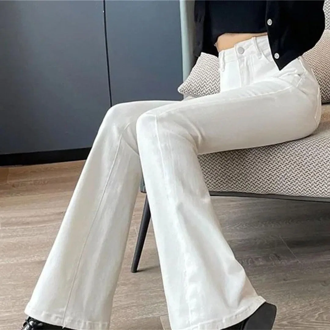 Джинсы клеш белые, Women's High Waist White Denim Flared Cotton Jeans Slim Fit Wide Leg Bell Bottom Pants, White Lengthen — фото 4