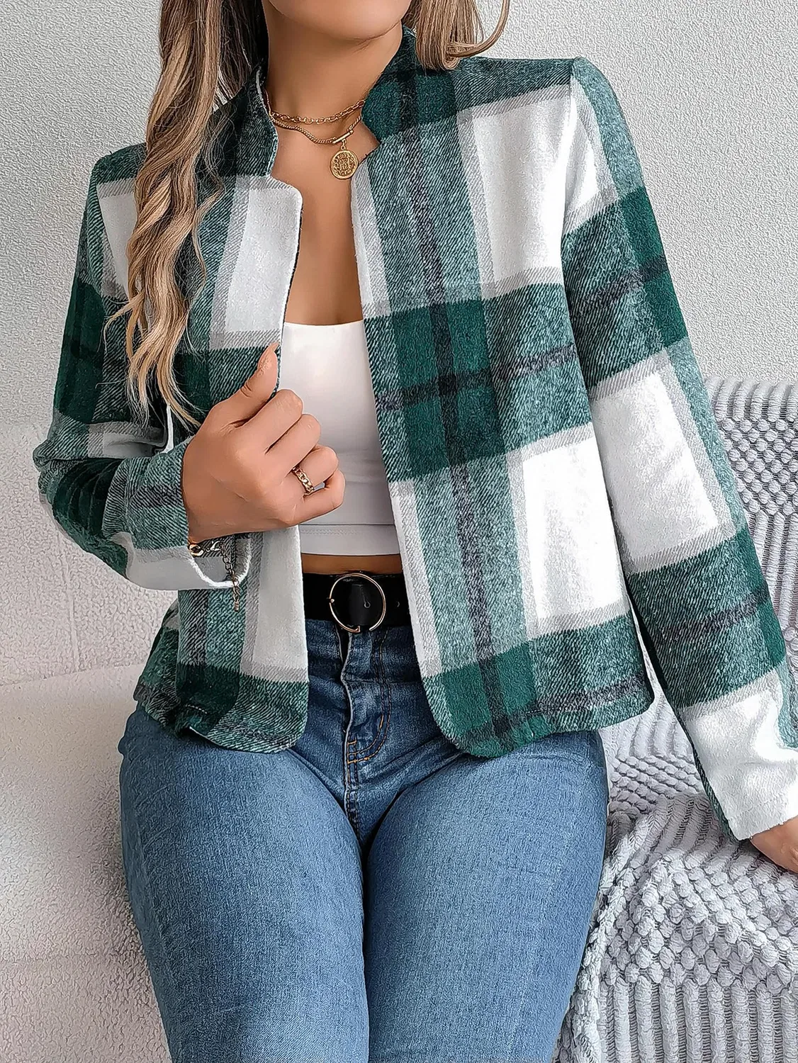 Женская зимняя куртка casual с контрастной клеткой, камуфляж, XL, Caqui — фото 4