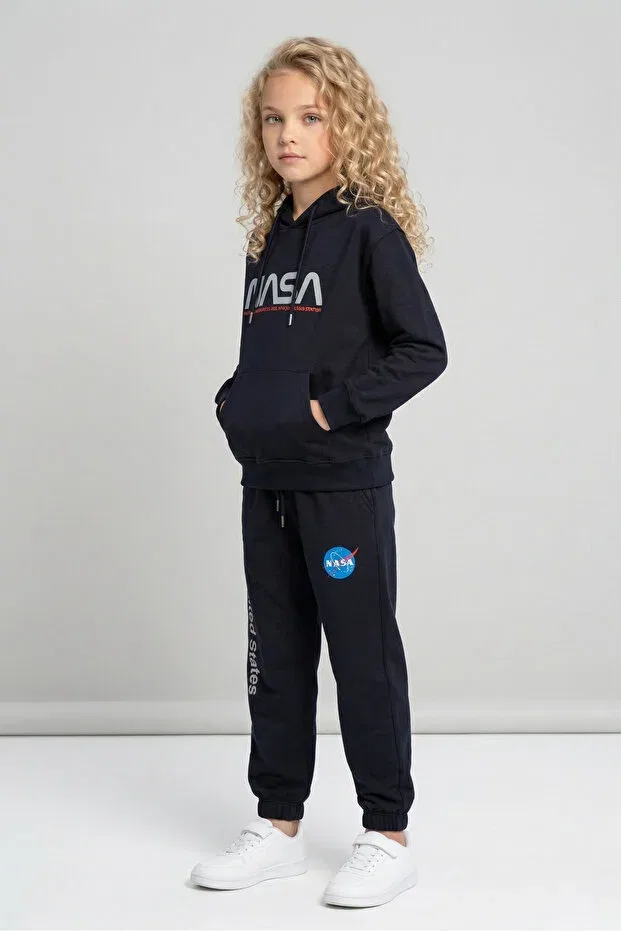 Детский спортивный комплект для девочек с принтом, с капюшоном, Black One, Navy Blue — фото 4