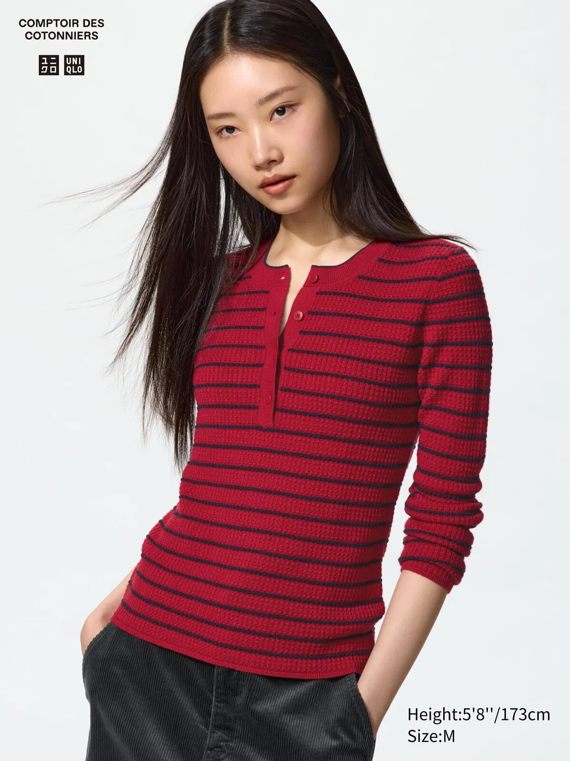 Свитер-поло Uniqlo, из смеси мериносовой шерсти в полоску, красный