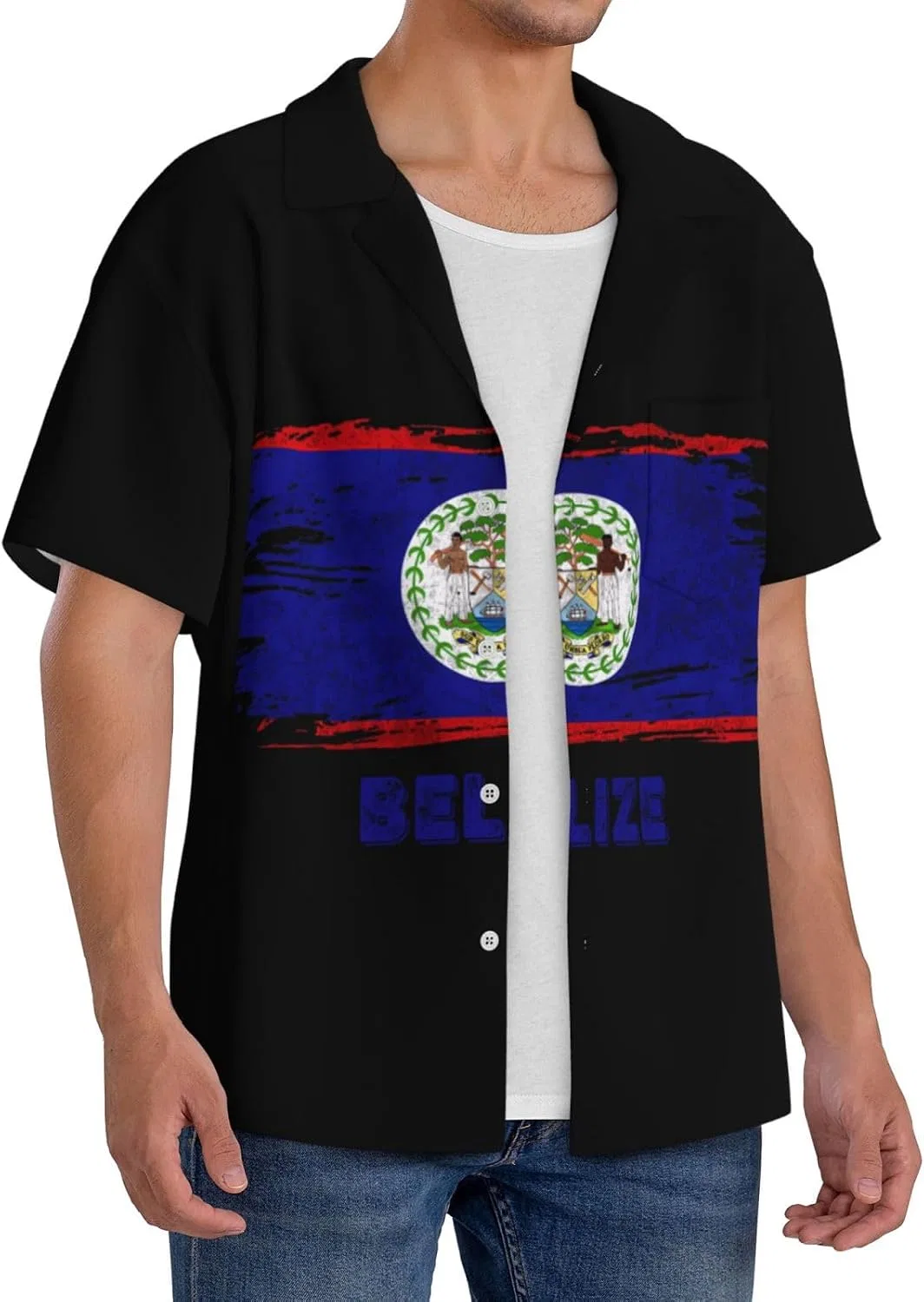 Мужская свободная рубашка с коротким рукавом и воротником-куба Belize Flag, Black — фото 2